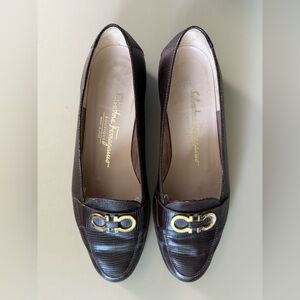 Salvatore Ferragamo, women’s, Brown, lizard, Leather Flats. Gold accents.  7.5